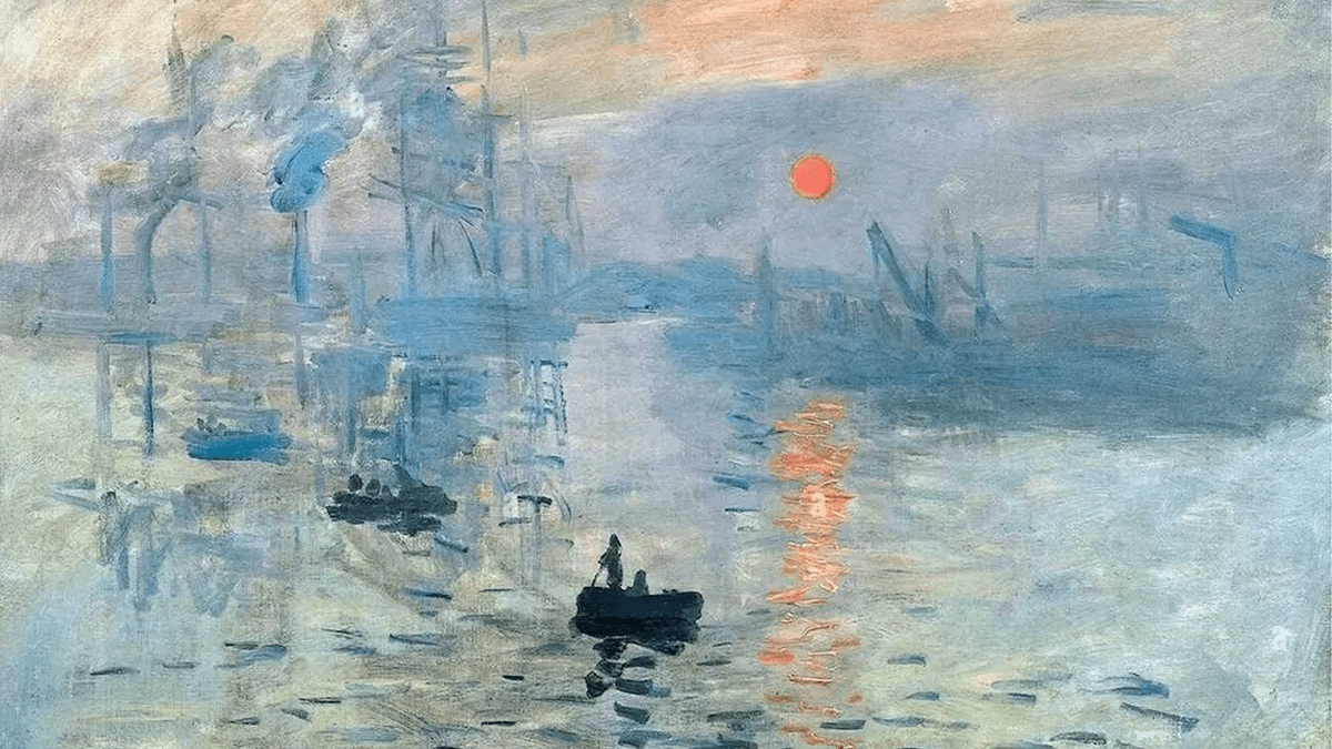 Claude Monet's 'Impression, Sunrise' shows a hazy orange sun rising over a misty harbor, rendered with soft, loose brushstrokes that defined an entire movement.