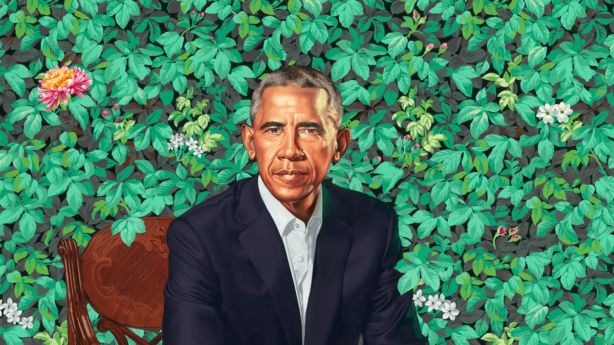 Kehinde Wiley’s portrait of Barack Obama, seated against a backdrop of vibrant leaves and flowers, merging historical grandeur with modern symbolism.