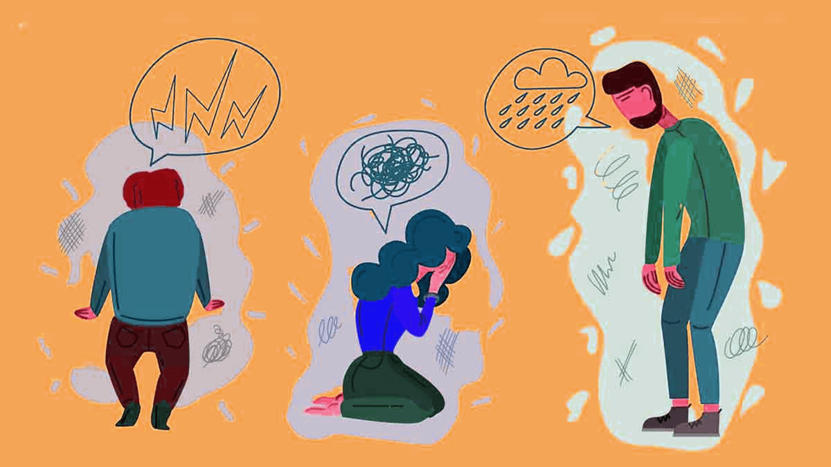 A person pauses with eyes closed, taking deep breaths to calm down in a moment of stress.