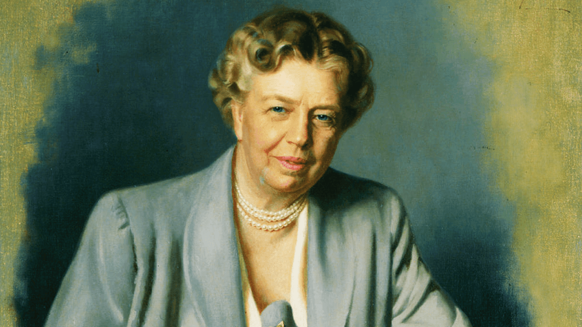 Illustrated portrait of Eleanor Roosevelt holding the Universal Declaration of Human Rights, with justice scales in the background.