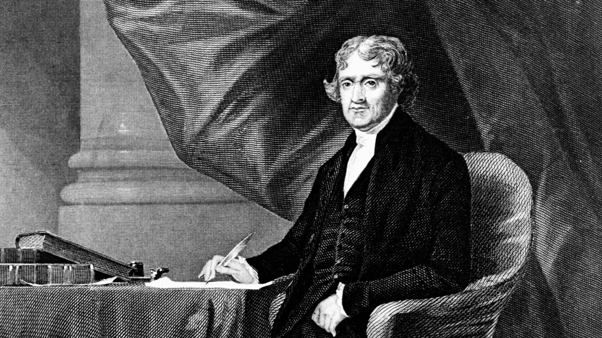 Painting of Thomas Jefferson with sailing ships in the background and the Louisiana Purchase map behind him