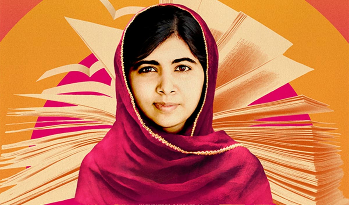 Illustration of Malala Yousafzai standing at the UN podium with the Malala Fund banner and a globe behind her.