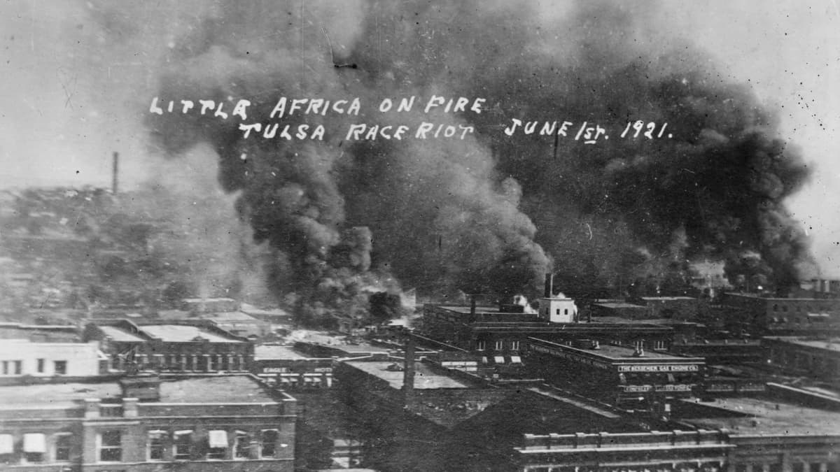 Aerial shot of destruction following the Tulsa Race Massacre, 1921. In just 18 hours, one of the wealthiest Black communities in the United States was turned to ash.