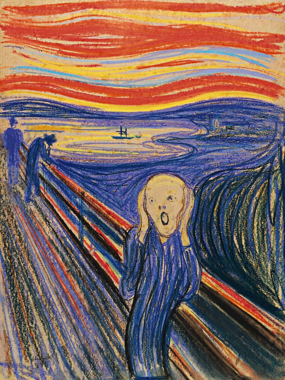 The Scream by Edvard Munch, a figure holding its face in terror beneath a swirling, blood-red sky.