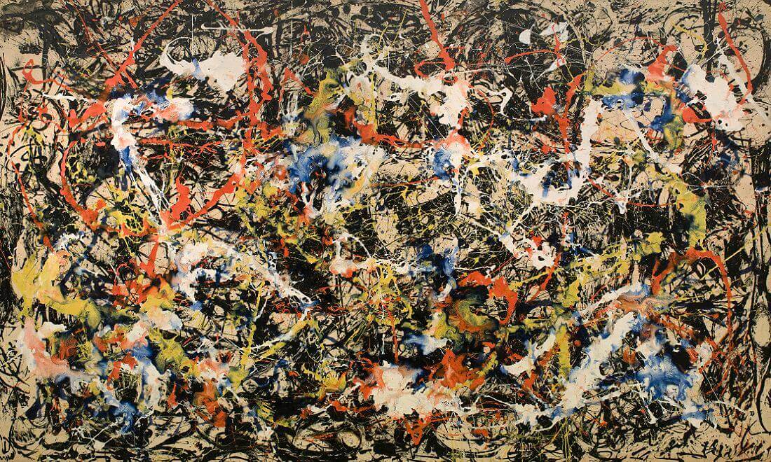 Jackson Pollock's 'Convergence,' a chaotic explosion of multicolored drips and splatters across a large canvas.