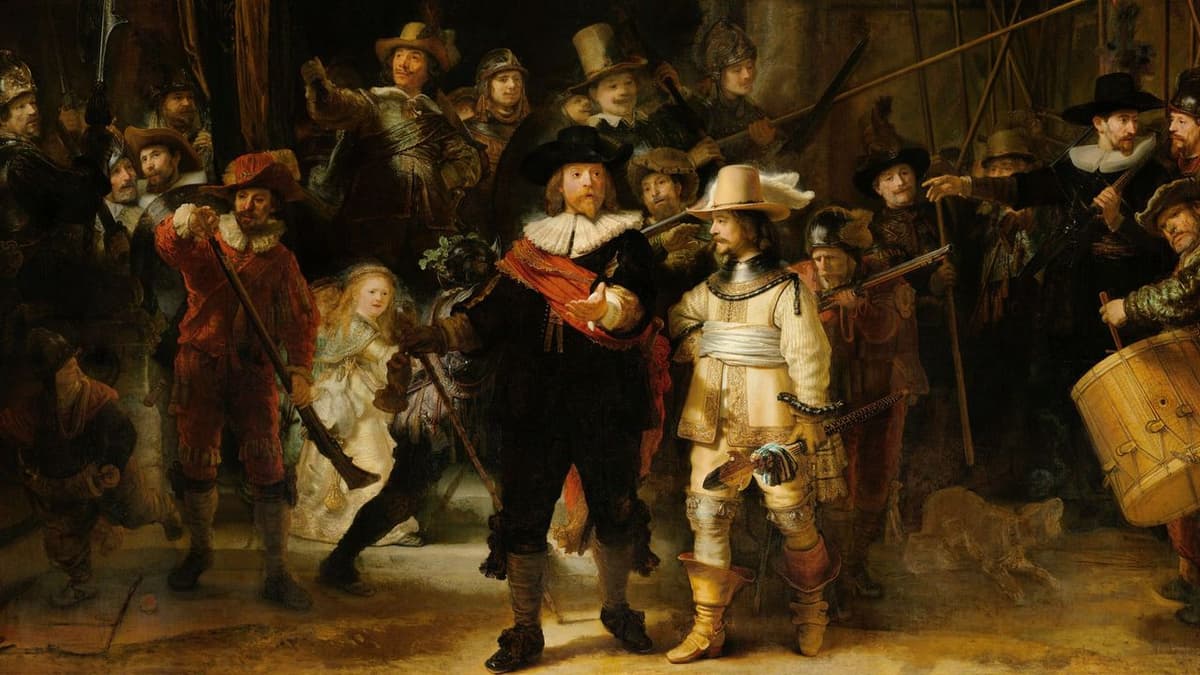 Detail from The Night Watch by Rembrandt, showing dramatic contrast between light and dark in a military scene.