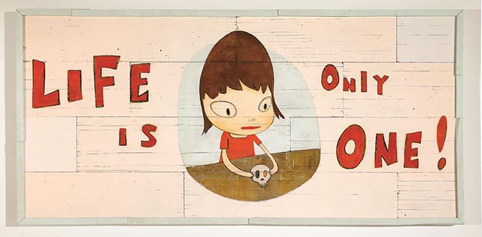 Yoshitomo Nara's stylized portrait of a child with large, defiant eyes against a pastel background.