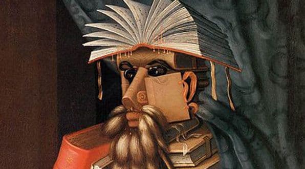 A portrait composed entirely of stacked books and scrolls representing a scholar or collector.