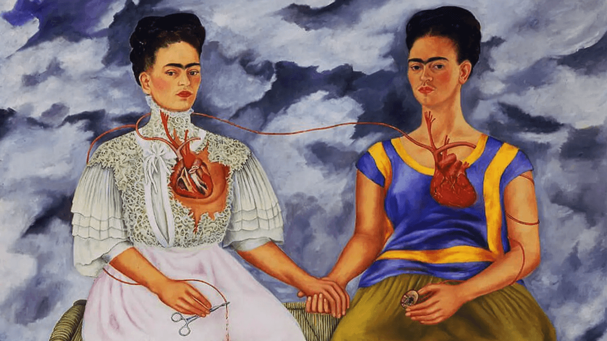Frida Kahlo's 'The Two Fridas' shows her dual heritage and emotional struggle, one heart exposed and bleeding, the other intact but yearning—two selves stitched together by love and pain.