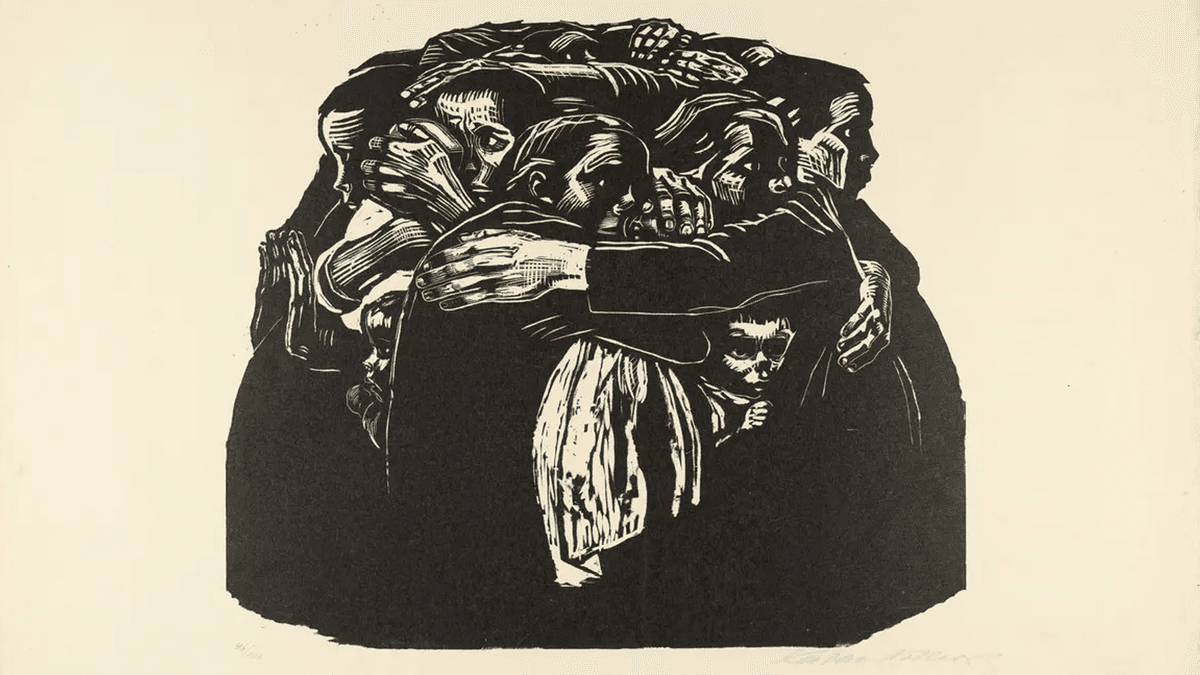 Käthe Kollwitz with her sketchbook, gazing intently