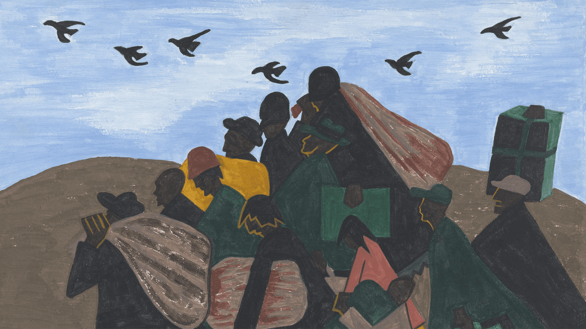 A vibrant painting from Jacob Lawrence’s Migration Series, showing African American travelers leaving the South in bold, stylized shapes.