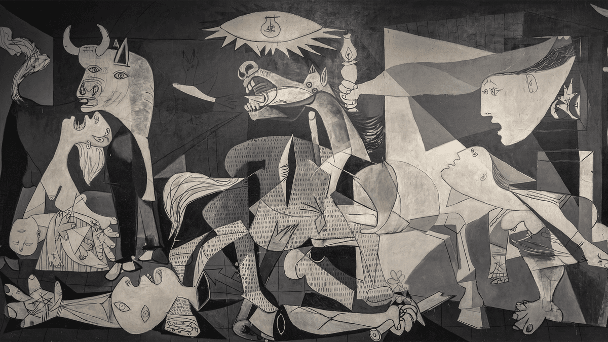 Picasso’s Guernica, in black and white, captures the horror of war with jagged figures, shattered forms, and emotional chaos.