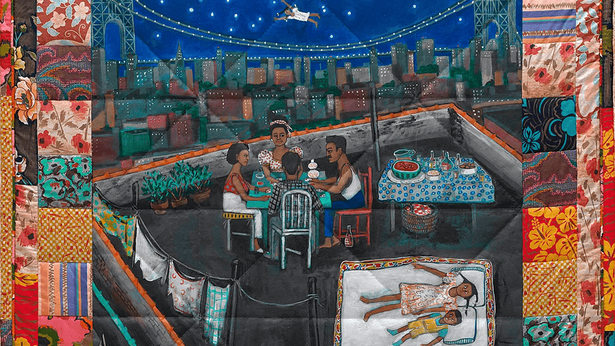A vibrant quilted rooftop scene in Tar Beach by Faith Ringgold, blending family memories with the dream of soaring beyond limitations.