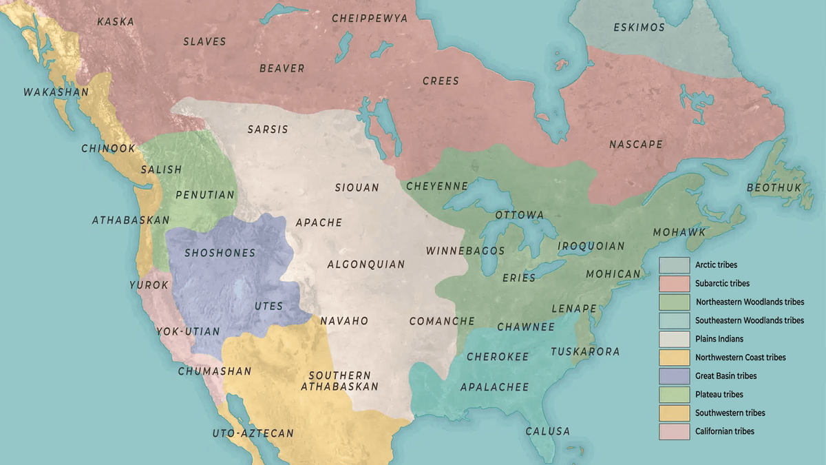 Map of North America showing Indigenous cultural regions before European contact.