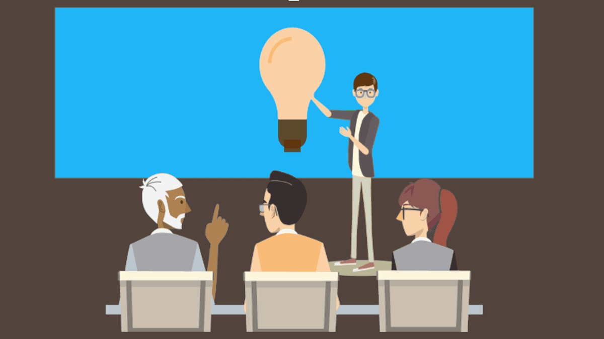 Student giving a presentation with a poster board and audience listening.