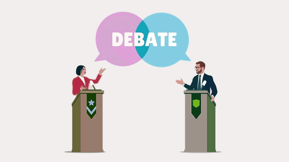 Two students standing at podiums facing each other, ready to debate.