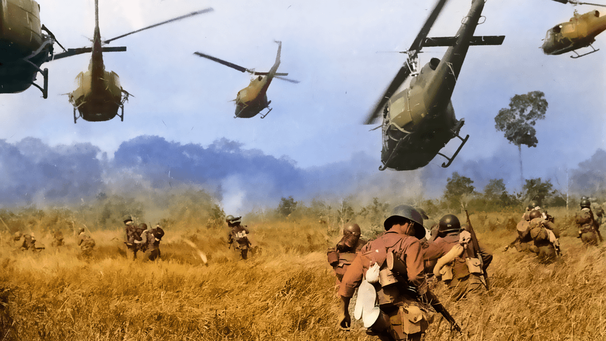 Helicopters flying over Vietnam during the war representing conflict and Cold War tensions