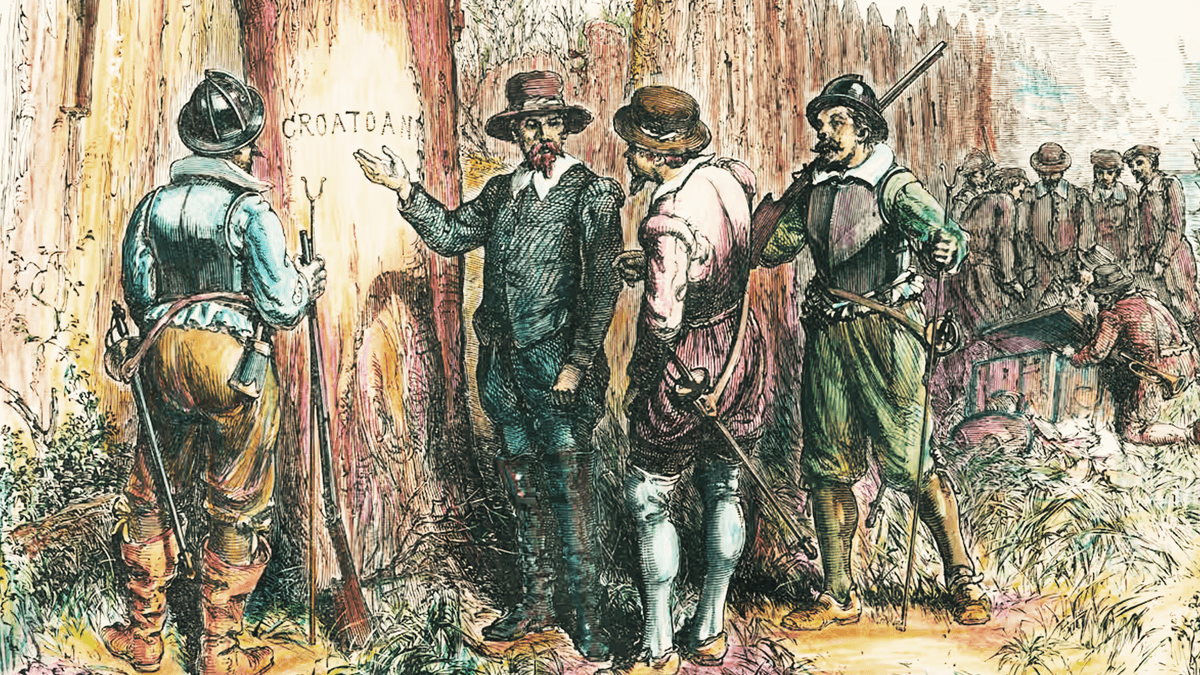 Historic recreation of Jamestown settlement with wooden fort and people in colonial dress.