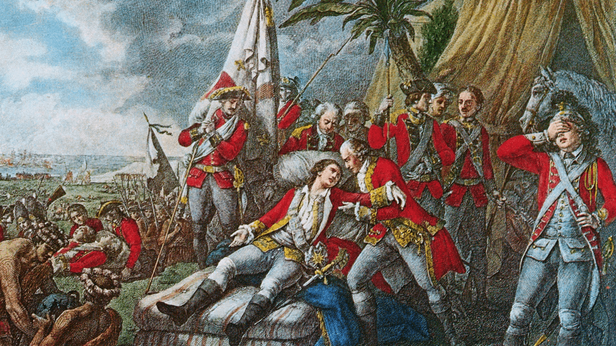 British and French soldiers facing off in a forested battlefield with Native American allies during the French and Indian War.