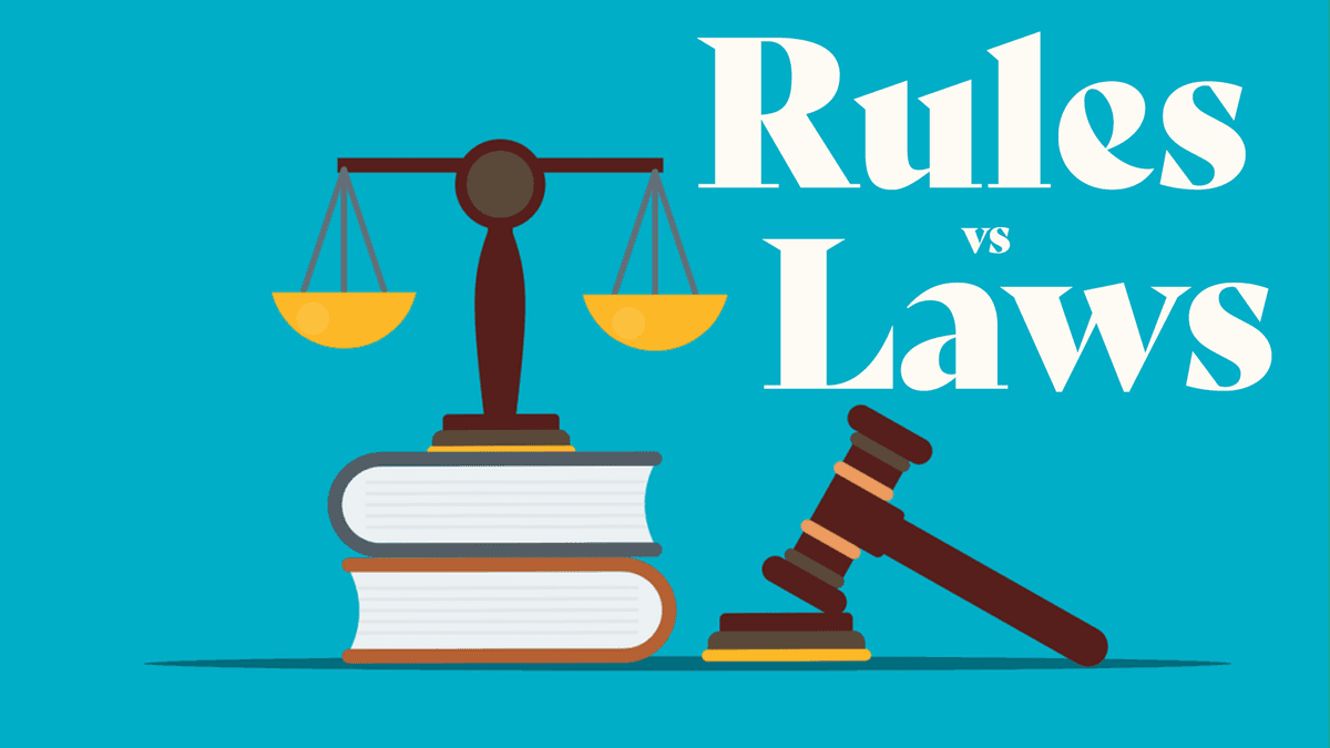 Rules and laws are both instructions for how people should behave, but they work on different levels.