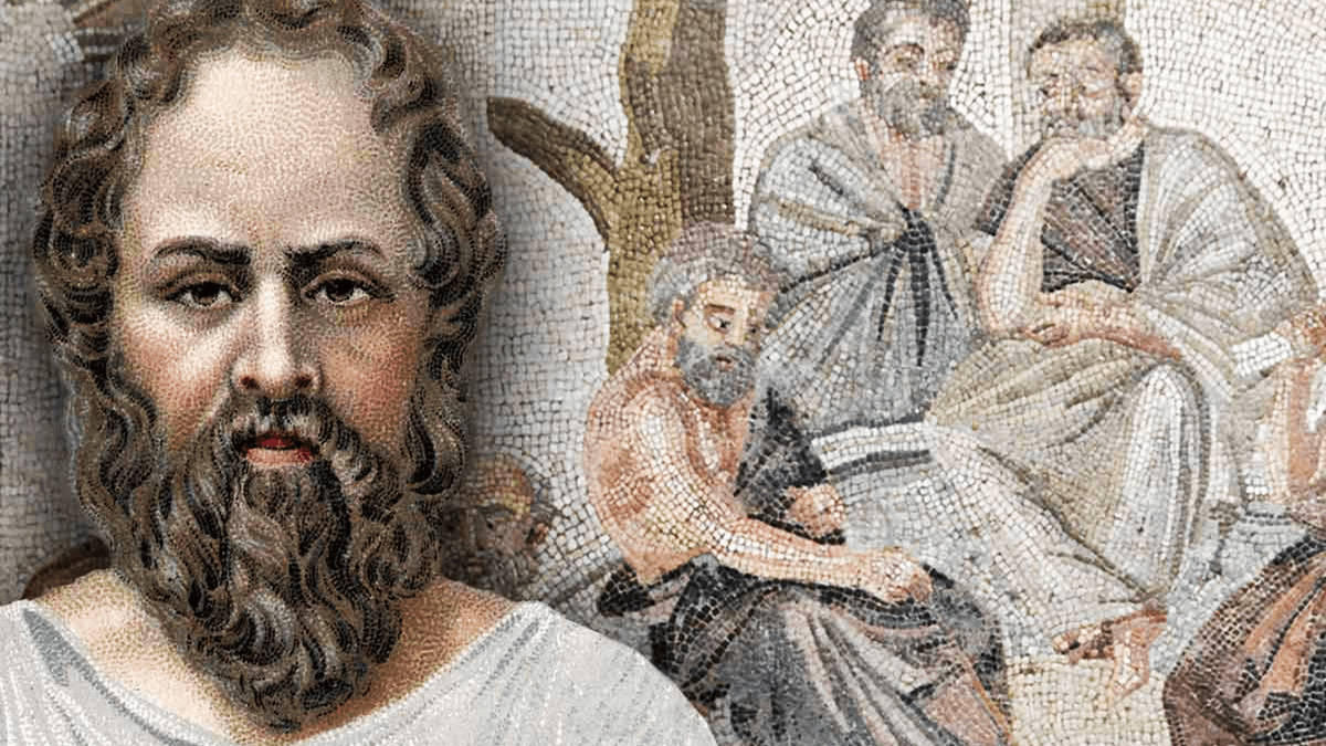 A classical depiction of Socrates in deep conversation, representing his method of teaching through questioning.