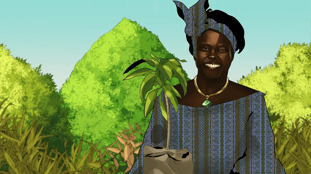 Wangari Maathai planting a tree as part of the Green Belt Movement