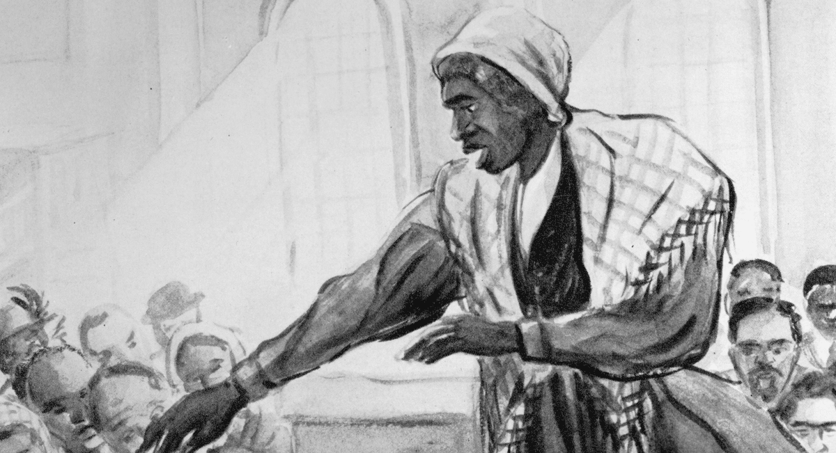 Illustrated portrait of Sojourner Truth delivering her famous speech, with her arm raised and fire in her eyes.