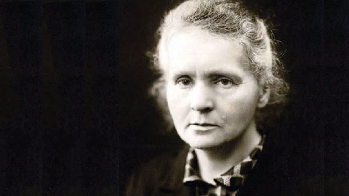 Marie Curie with a serious expression, surrounded by lab equipment