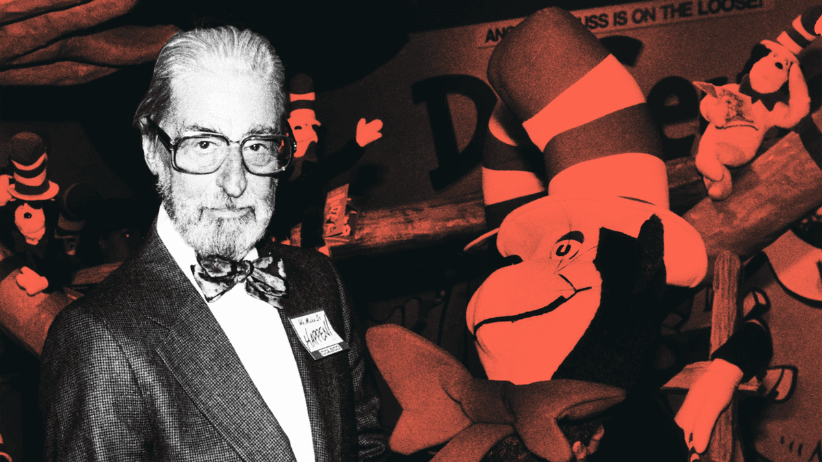 Dr. Seuss surrounded by his whimsical characters