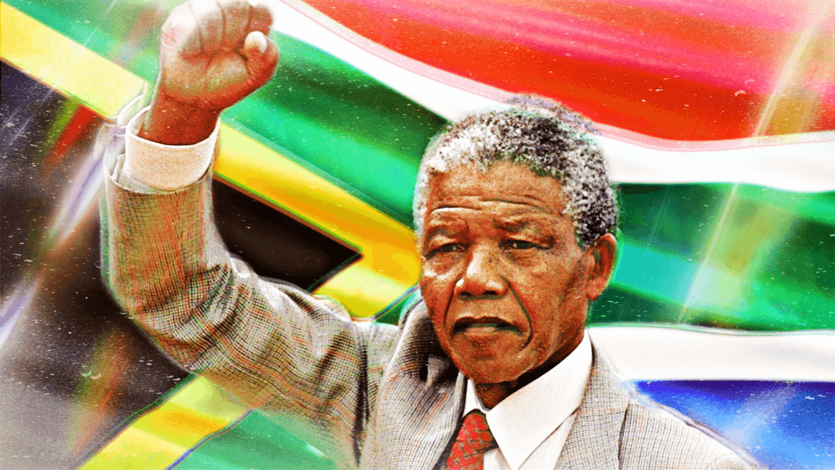 Illustrated portrait of Nelson Mandela standing tall, half in a prison uniform and half in a presidential suit, symbolizing his journey from prisoner to president.