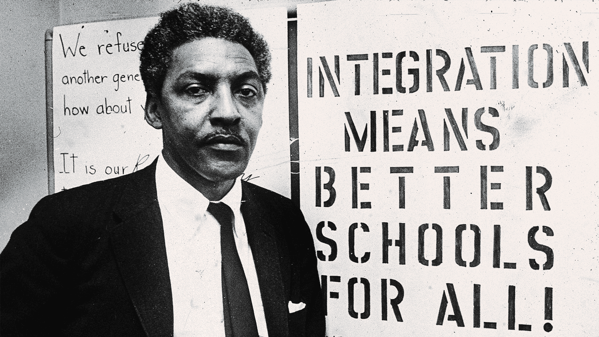 Illustration of Bayard Rustin speaking at a podium with a background of protest signs from the March on Washington.