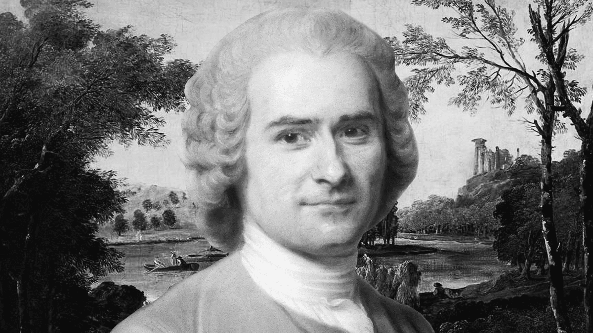 Portrait of Jean-Jacques Rousseau looking contemplative, with a book in one hand and nature in the background.
